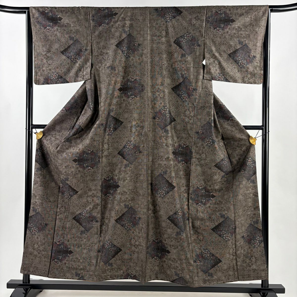 【美品】 紬織 身長156.5cm 袖長64cm M 雙層 菱 草花紋 焦茶 純蠶絲 秀品級