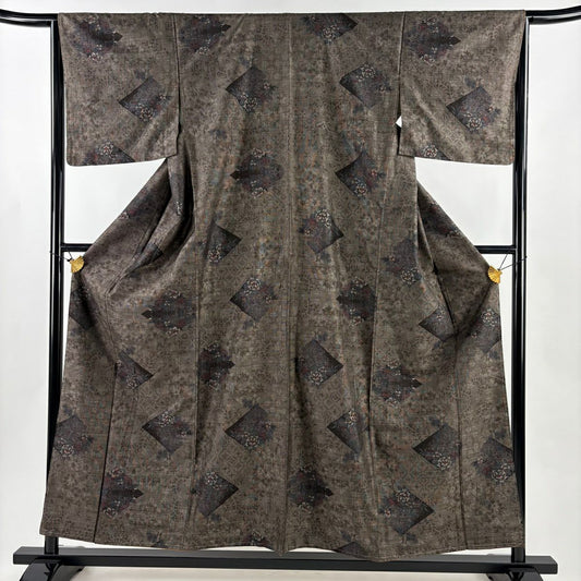 【美品】 紬織 身長156.5cm 袖長64cm M 雙層 菱 草花紋 焦茶 純蠶絲 秀品級