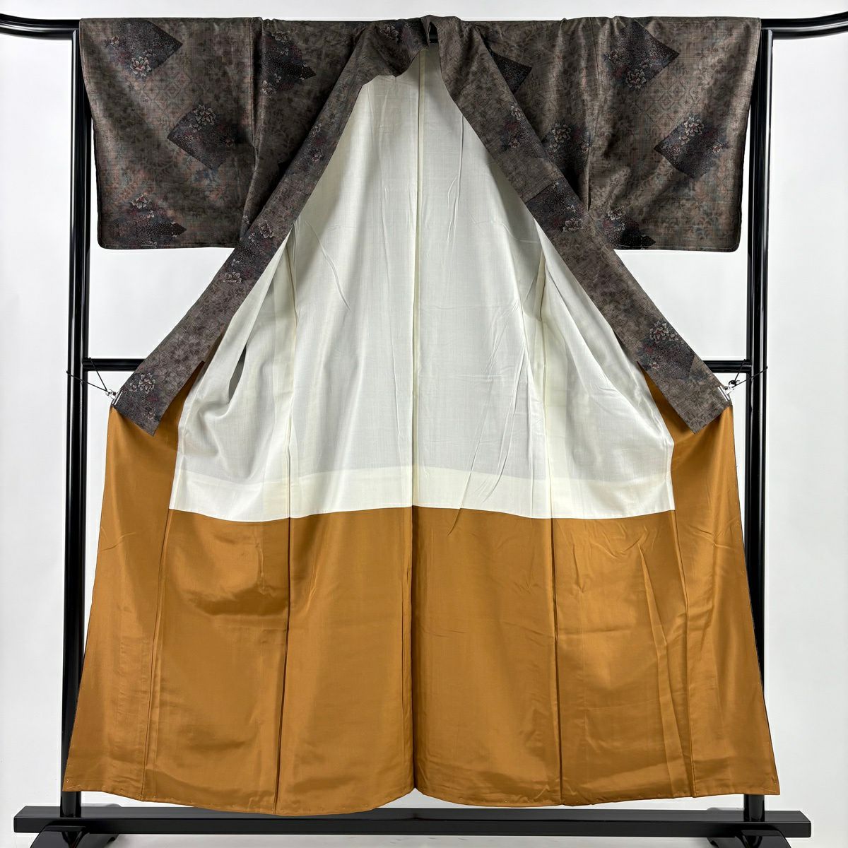 【美品】 紬織 身長156.5cm 袖長64cm M 雙層 菱 草花紋 焦茶 純蠶絲 秀品級