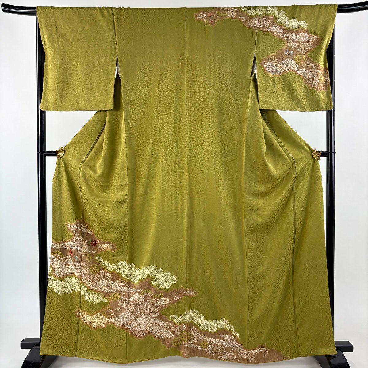 訪問服 身長164cm 袖長67cm M 雙層 逆向雲取 草花紋紋 刺繡 絞染 鶯色 純蠶絲 秀品級