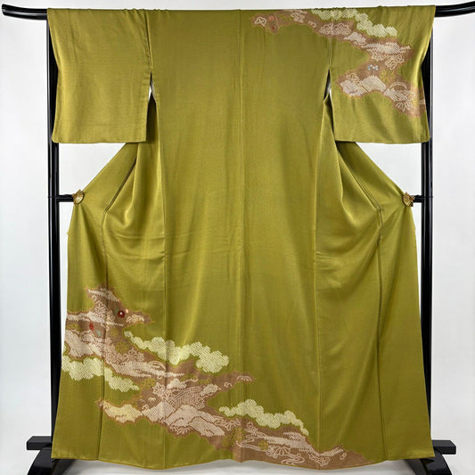 訪問服 身長164cm 袖長67cm M 雙層 逆向雲取 草花紋紋 刺繡 絞染 鶯色 純蠶絲 秀品級