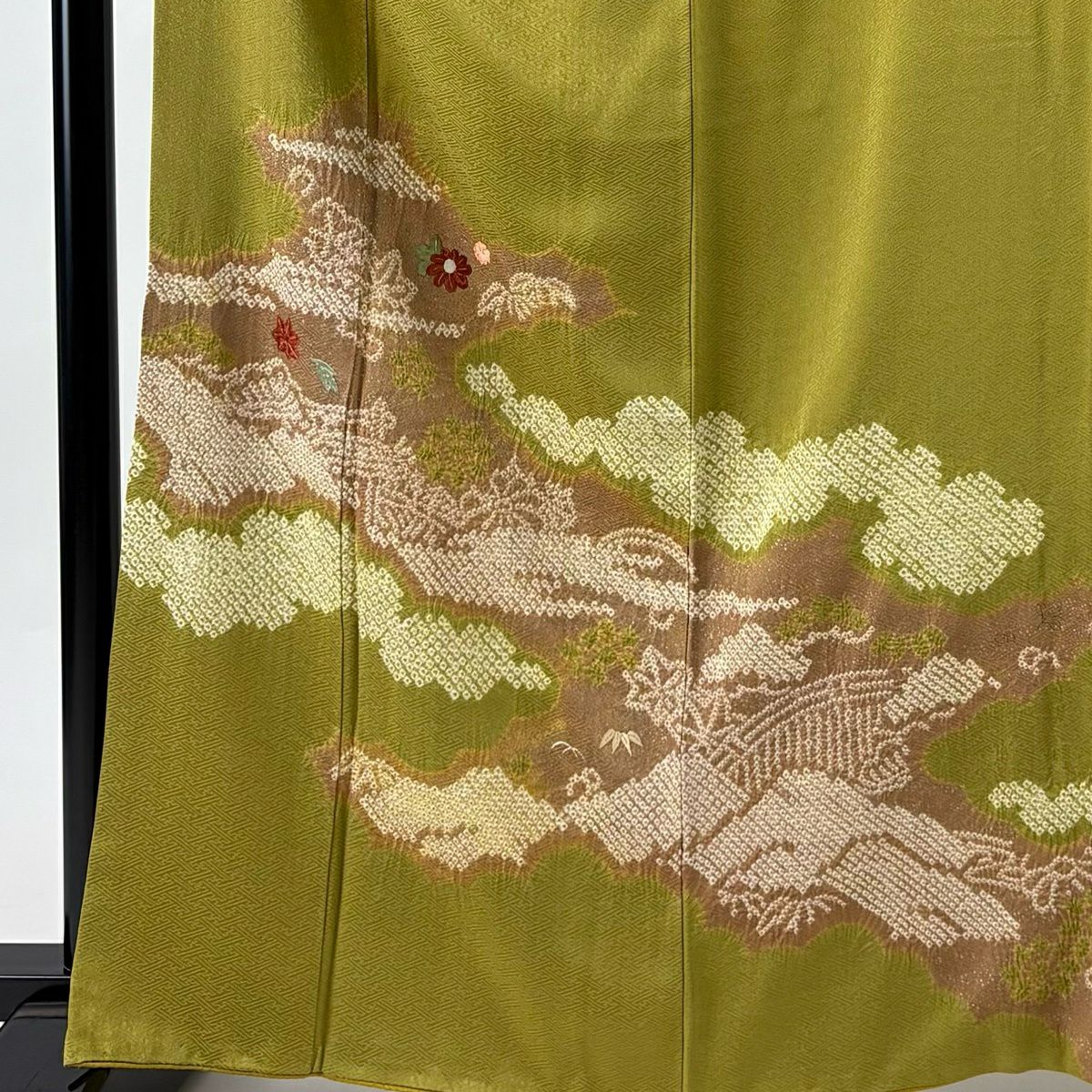 訪問服 身長164cm 袖長67cm M 雙層 逆向雲取 草花紋紋 刺繡 絞染 鶯色 純蠶絲 秀品級