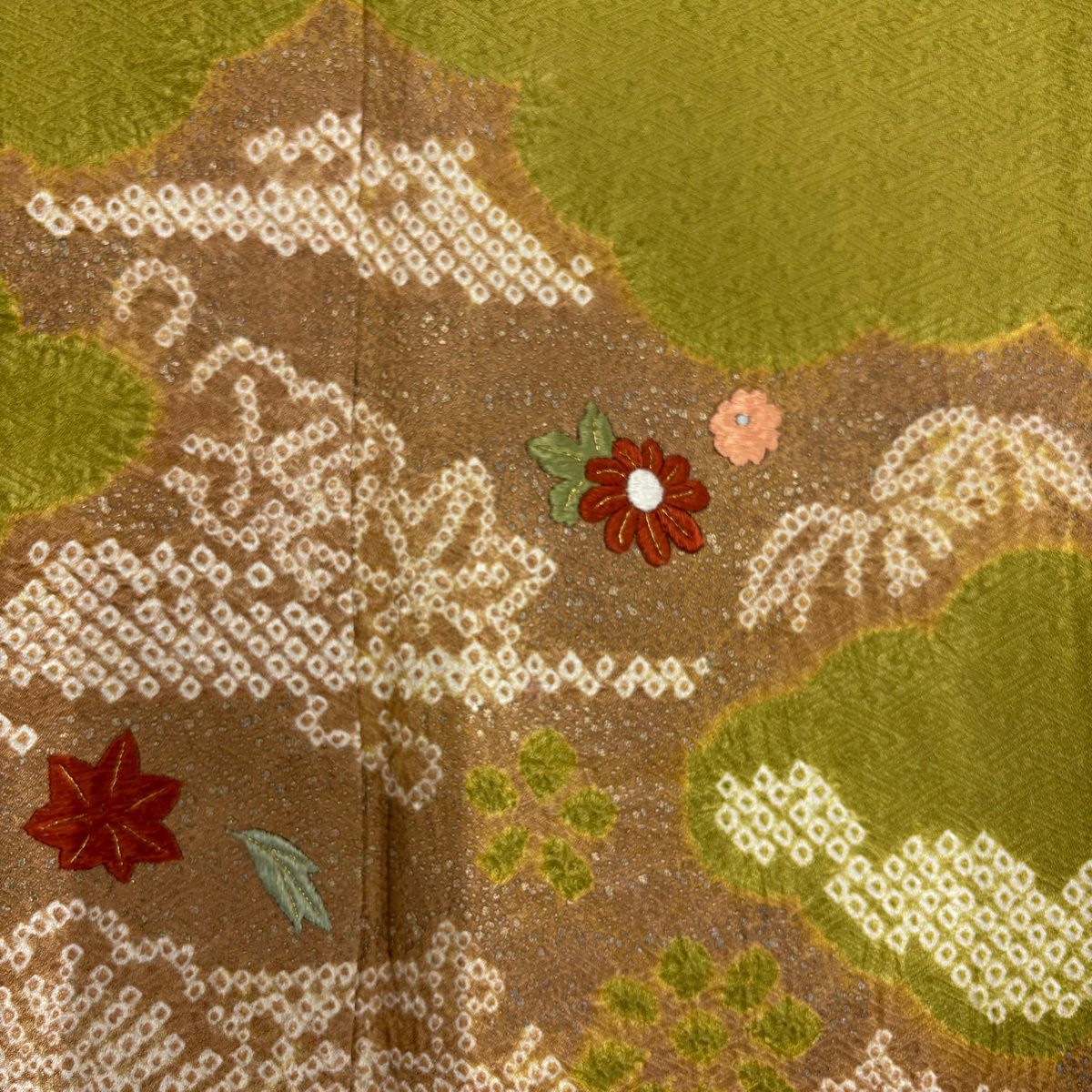 訪問服 身長164cm 袖長67cm M 雙層 逆向雲取 草花紋紋 刺繡 絞染 鶯色 純蠶絲 秀品級