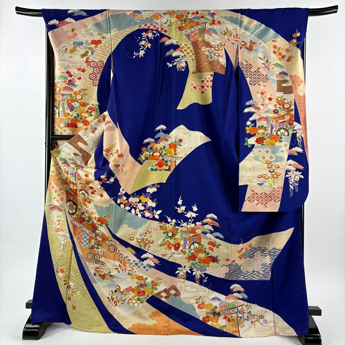 振袖禮服 身長173.5cm 袖長68.5cm L 雙層 御所車 松樹竹子梅花 金糸 金銀彩 青紫 純蠶絲 秀品級
