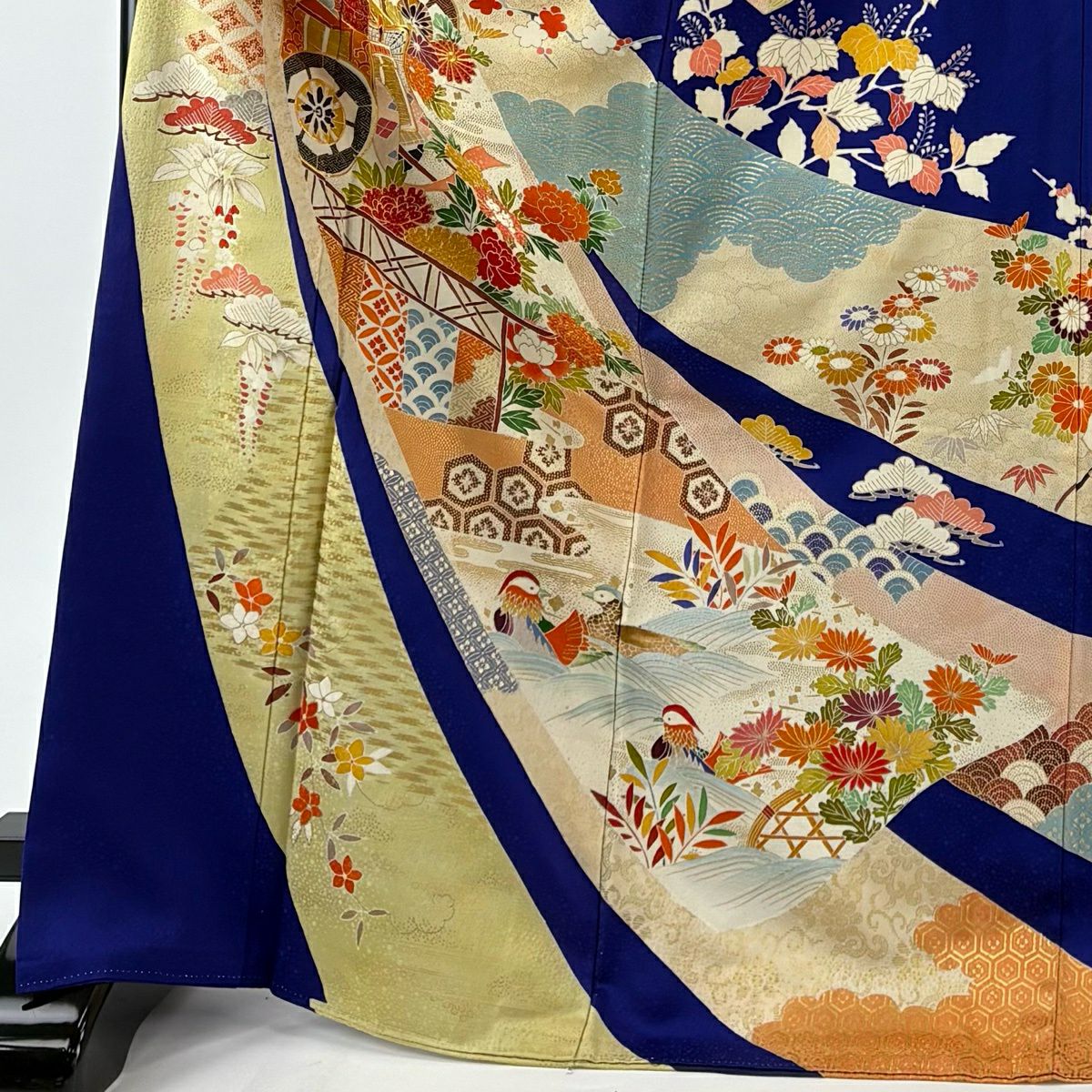 振袖禮服 身長173.5cm 袖長68.5cm L 雙層 御所車 松樹竹子梅花 金糸 金銀彩 青紫 純蠶絲 秀品級