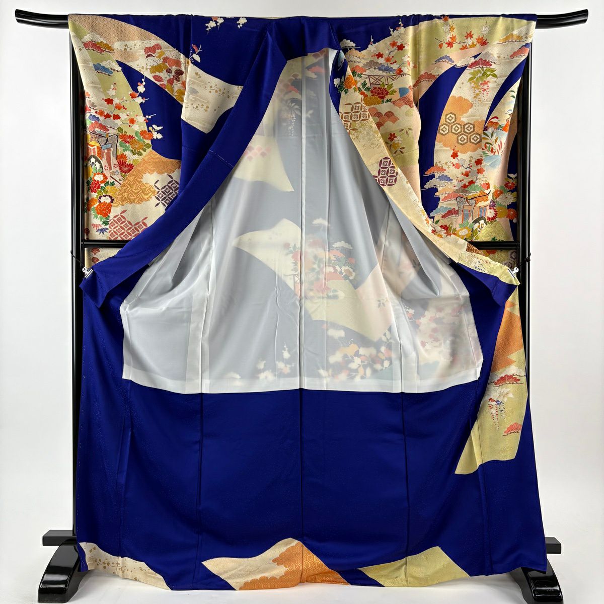 振袖禮服 身長173.5cm 袖長68.5cm L 雙層 御所車 松樹竹子梅花 金糸 金銀彩 青紫 純蠶絲 秀品級