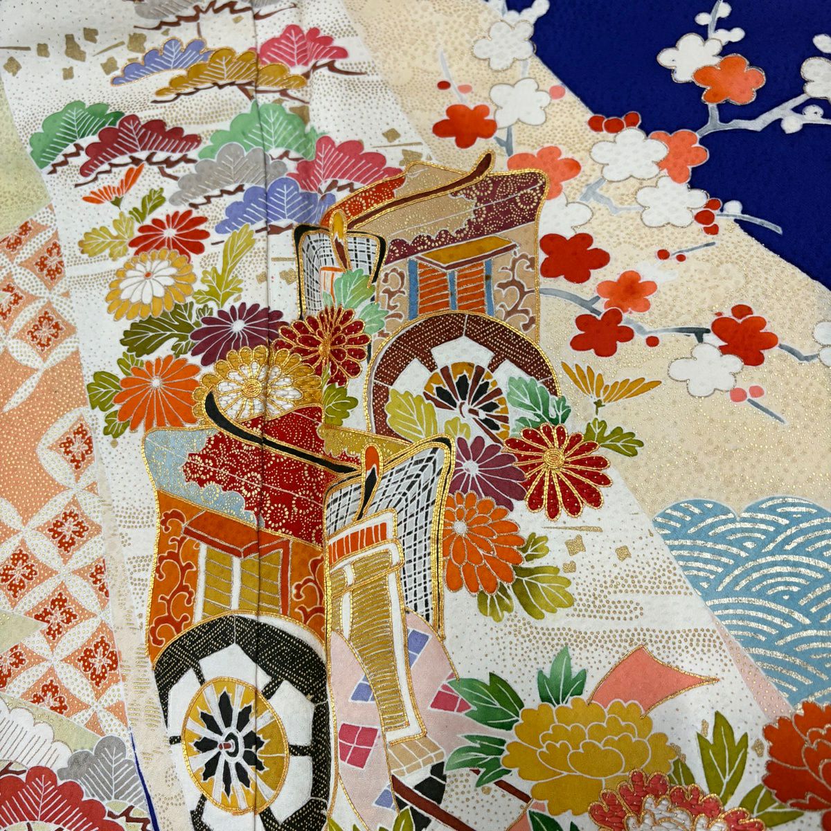 振袖禮服 身長173.5cm 袖長68.5cm L 雙層 御所車 松樹竹子梅花 金糸 金銀彩 青紫 純蠶絲 秀品級