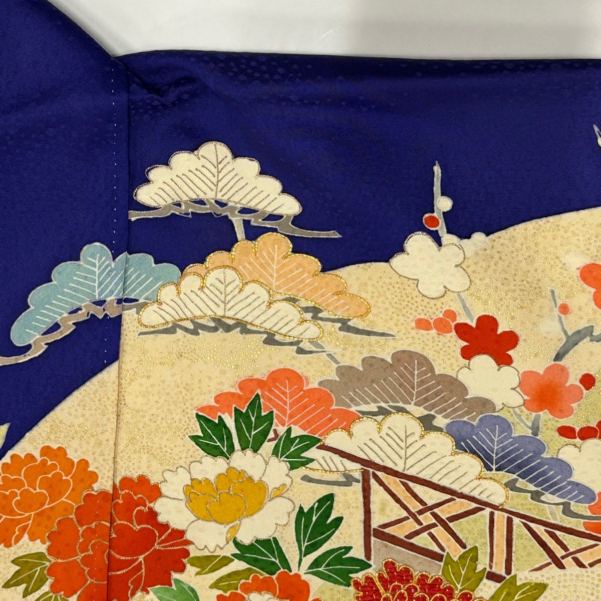 振袖禮服 身長173.5cm 袖長68.5cm L 雙層 御所車 松樹竹子梅花 金糸 金銀彩 青紫 純蠶絲 秀品級
