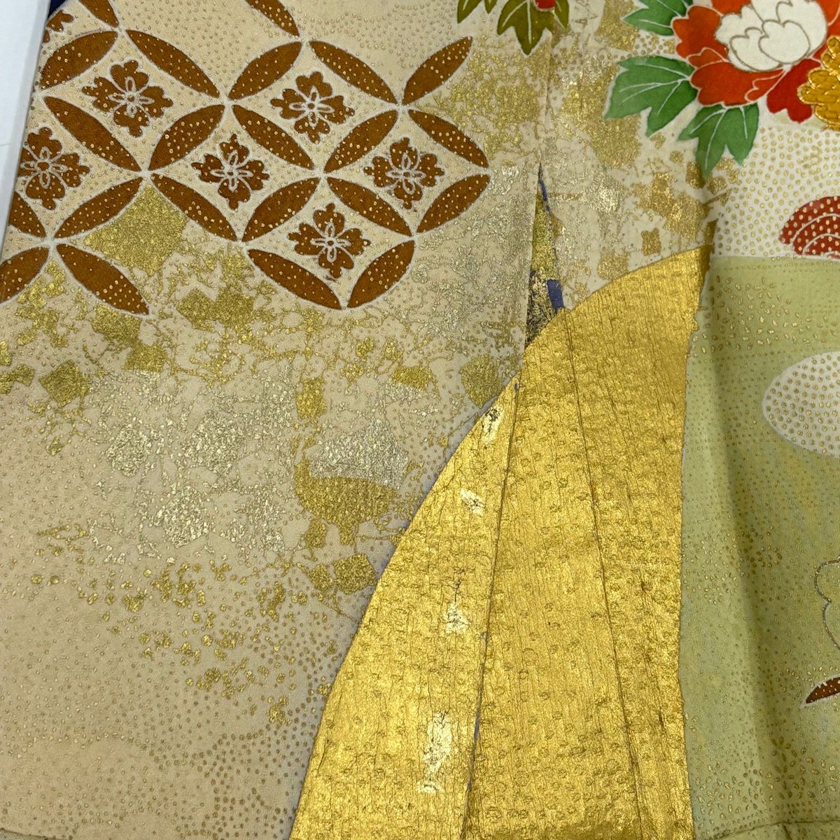 振袖禮服 身長173.5cm 袖長68.5cm L 雙層 御所車 松樹竹子梅花 金糸 金銀彩 青紫 純蠶絲 秀品級