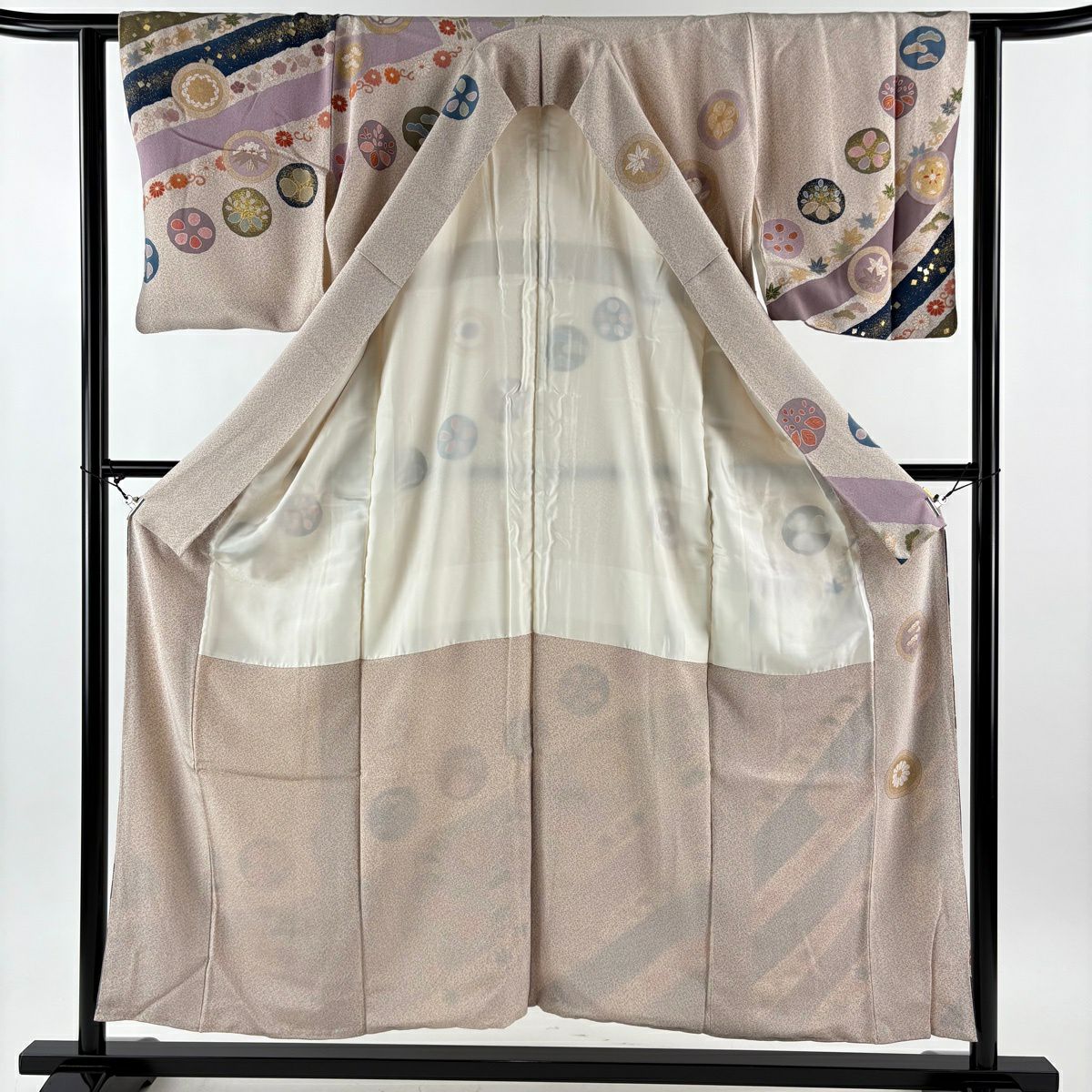 訪問服 身長153.5cm 袖長61cm S 雙層 落款有 松樹竹子梅花 鎌倉文 金絲 金銀彩 淺小豆 純蠶絲 優品級