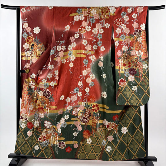 振袖禮服 身長159.5cm 袖長65cm M 雙層 櫻花 鼓 金絲 金銀彩 茜 純蠶絲 秀品級