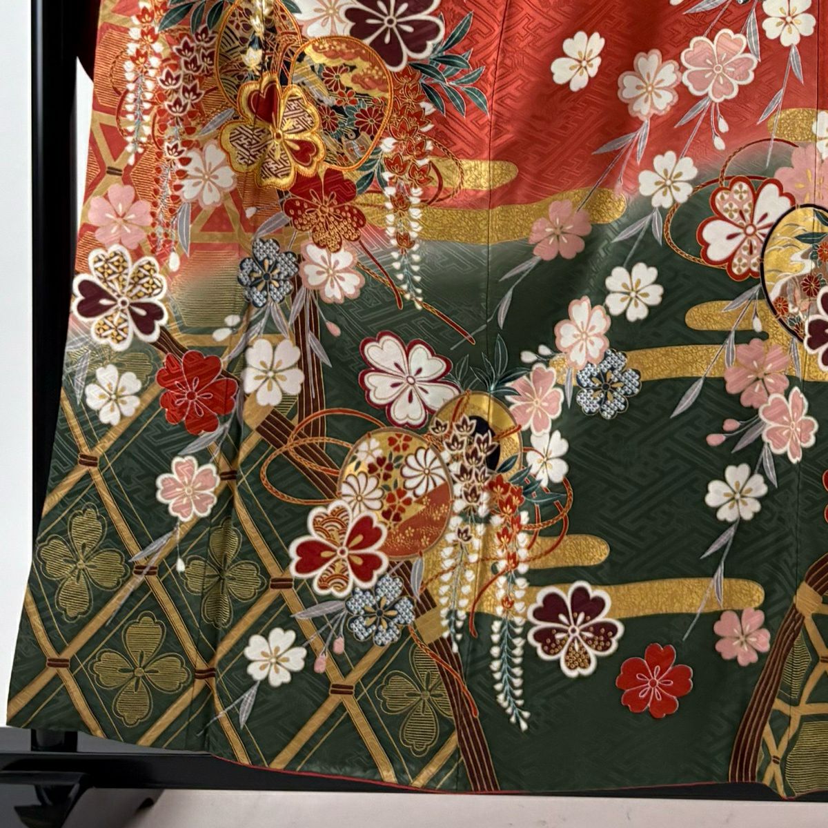 振袖禮服 身長159.5cm 袖長65cm M 雙層 櫻花 鼓 金絲 金銀彩 茜 純蠶絲 秀品級
