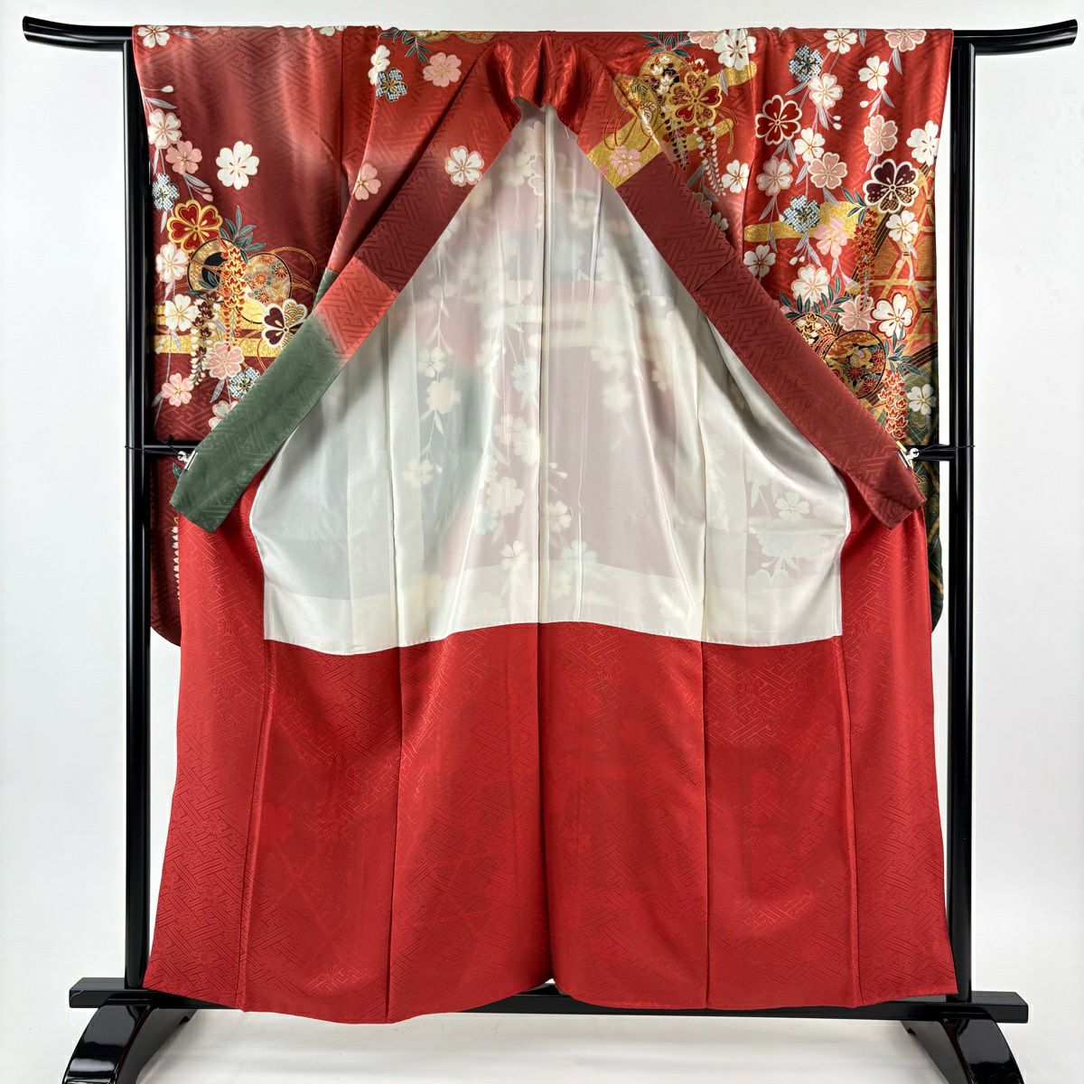 振袖禮服 身長159.5cm 袖長65cm M 雙層 櫻花 鼓 金絲 金銀彩 茜 純蠶絲 秀品級