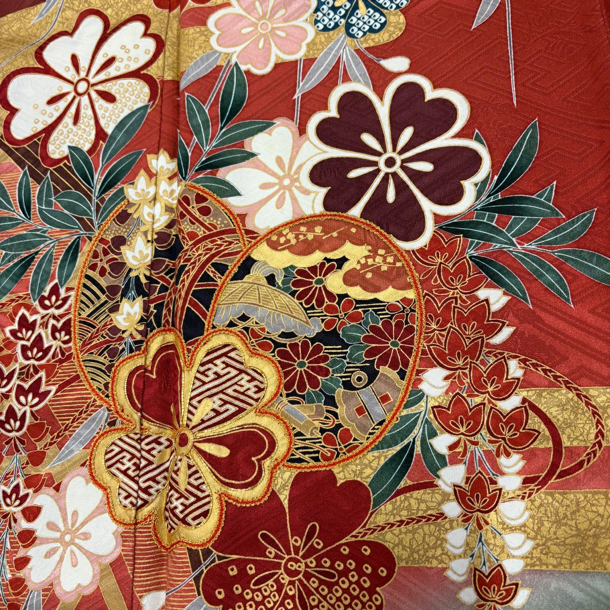 振袖禮服 身長159.5cm 袖長65cm M 雙層 櫻花 鼓 金絲 金銀彩 茜 純蠶絲 秀品級