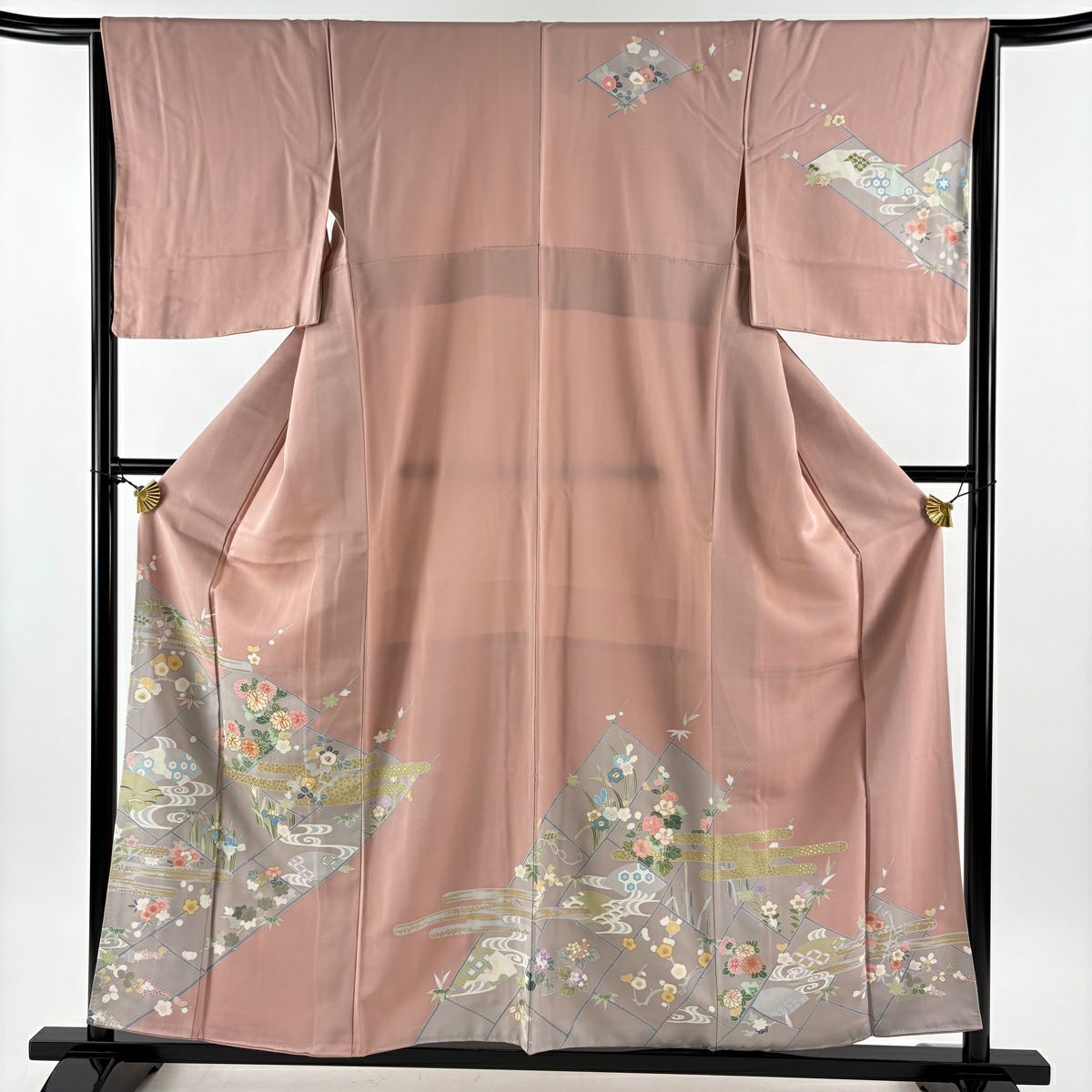 訪問服 身長157cm 袖長65cm M 雙層 菊花花 ヱ霞 金絲 金銀彩 淺粉色 純蠶絲 優品級