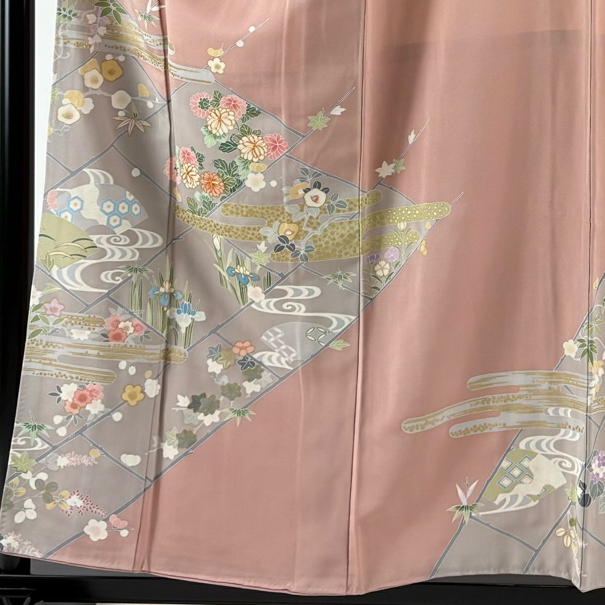 訪問服 身長157cm 袖長65cm M 雙層 菊花花 ヱ霞 金絲 金銀彩 淺粉色 純蠶絲 優品級