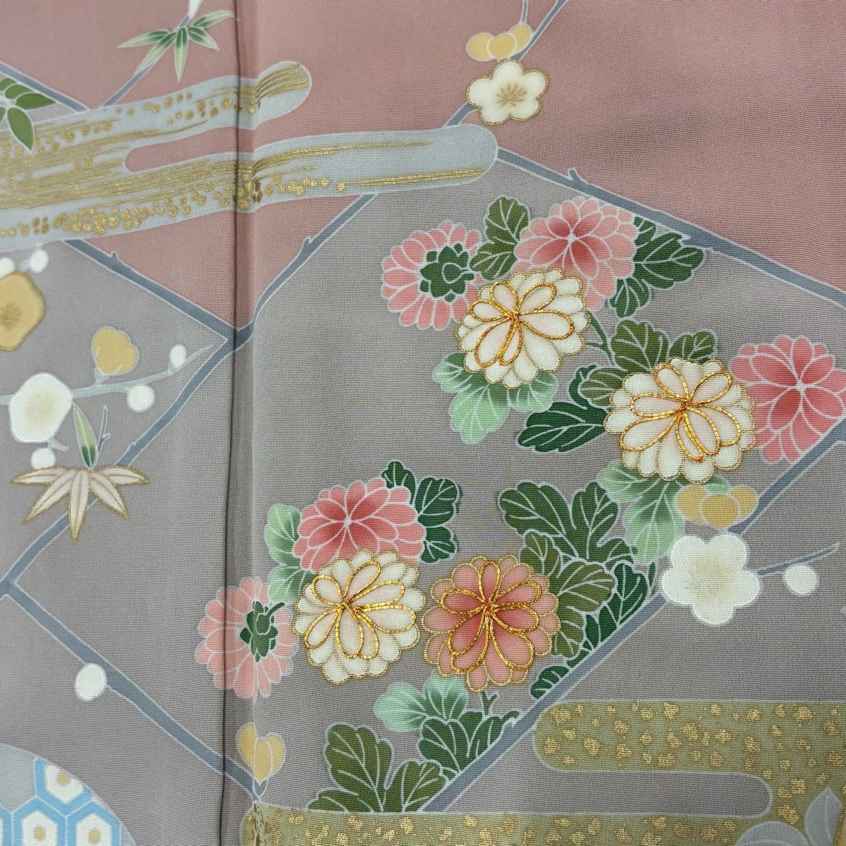 訪問服 身長157cm 袖長65cm M 雙層 菊花花 ヱ霞 金絲 金銀彩 淺粉色 純蠶絲 優品級