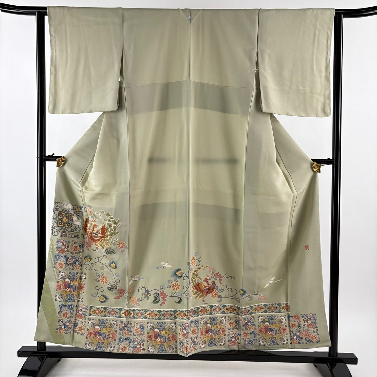 色留袖禮服 身長156.5cm 袖長62.5cm S 雙層 落款あり 鳳凰 草花紋 金絲 金銀彩 灰綠 純蠶絲 秀品級 一つ紋