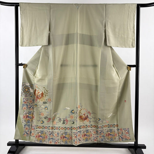 色留袖禮服 身長156.5cm 袖長62.5cm S 雙層 落款あり 鳳凰 草花紋 金絲 金銀彩 灰綠 純蠶絲 秀品級 一つ紋