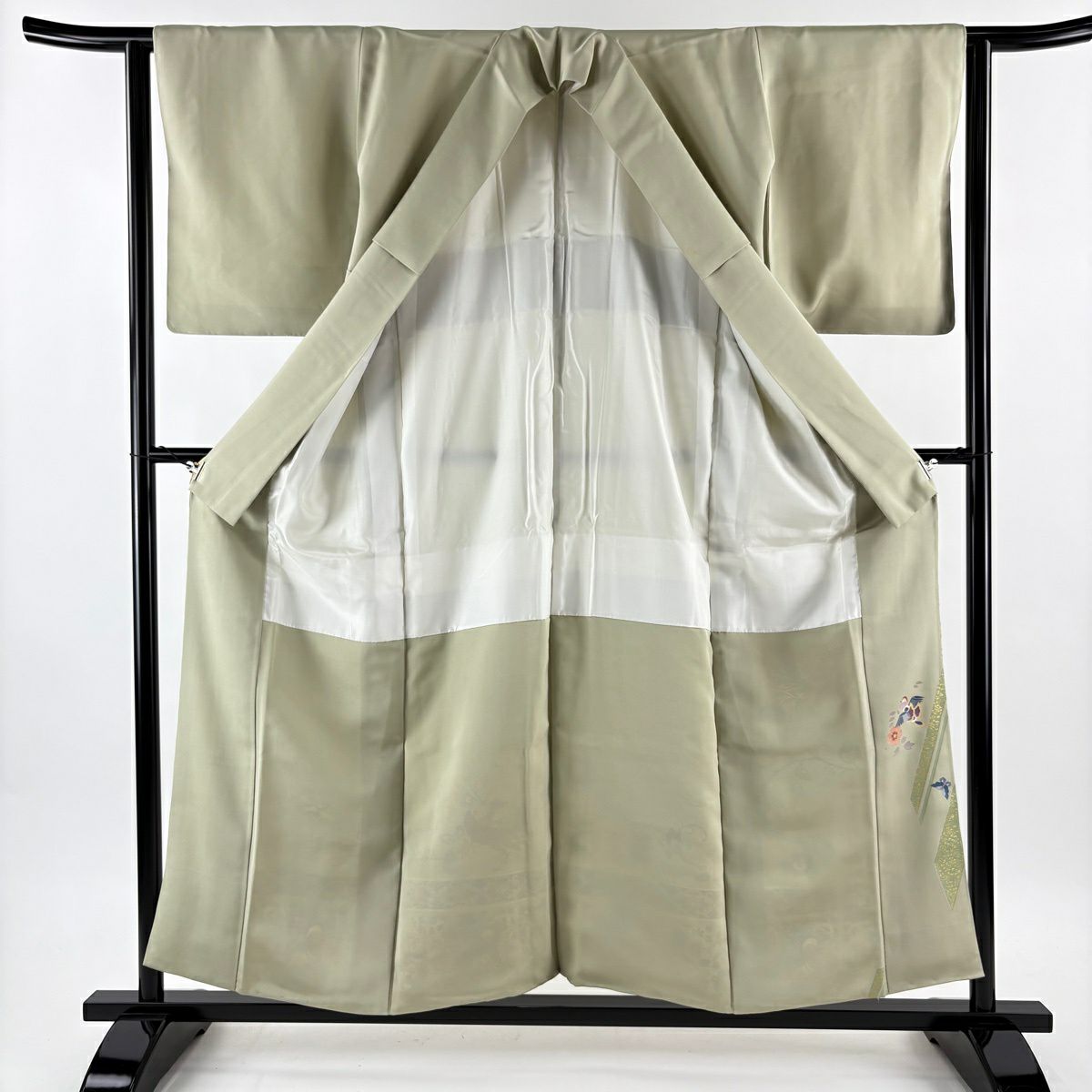 色留袖禮服 身長156.5cm 袖長62.5cm S 雙層 落款あり 鳳凰 草花紋 金絲 金銀彩 灰綠 純蠶絲 秀品級 一つ紋