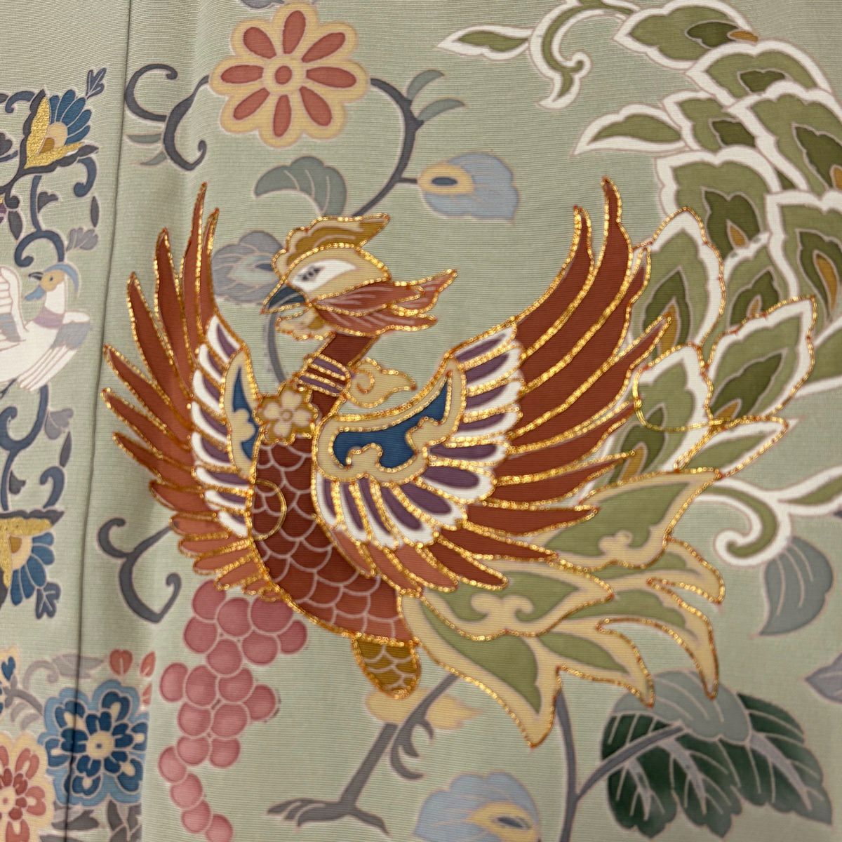 色留袖禮服 身長156.5cm 袖長62.5cm S 雙層 落款あり 鳳凰 草花紋 金絲 金銀彩 灰綠 純蠶絲 秀品級 一つ紋