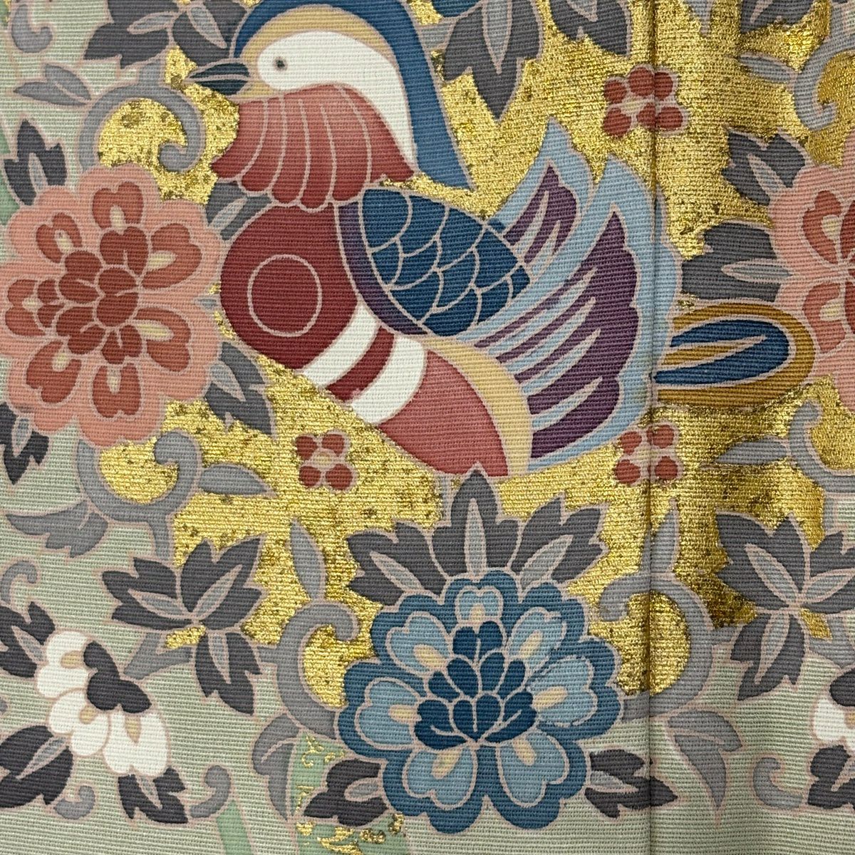 色留袖禮服 身長156.5cm 袖長62.5cm S 雙層 落款あり 鳳凰 草花紋 金絲 金銀彩 灰綠 純蠶絲 秀品級 一つ紋