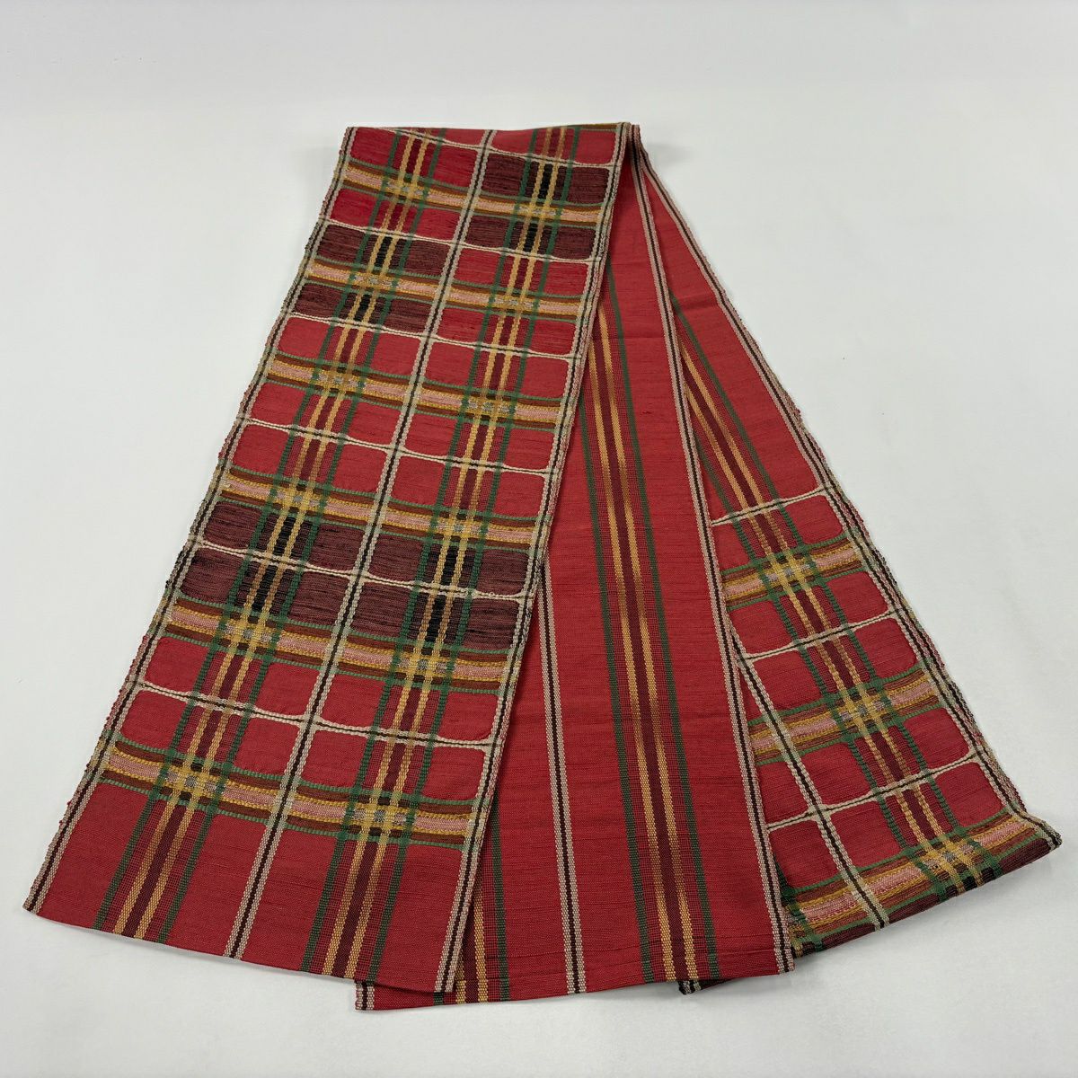 【美品】 名古屋帶 秀品級 八寸名古屋帶 隧道仕立 格子 金絲 紅 純蠶絲