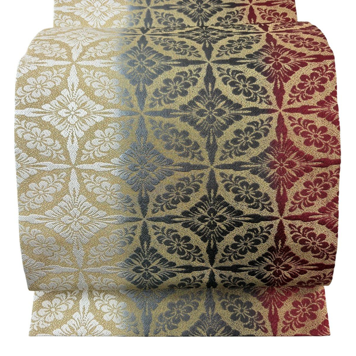 【美品】 袋帶 秀品級 七寶紋 草花紋紋 金絲 黑灰 全通 純蠶絲