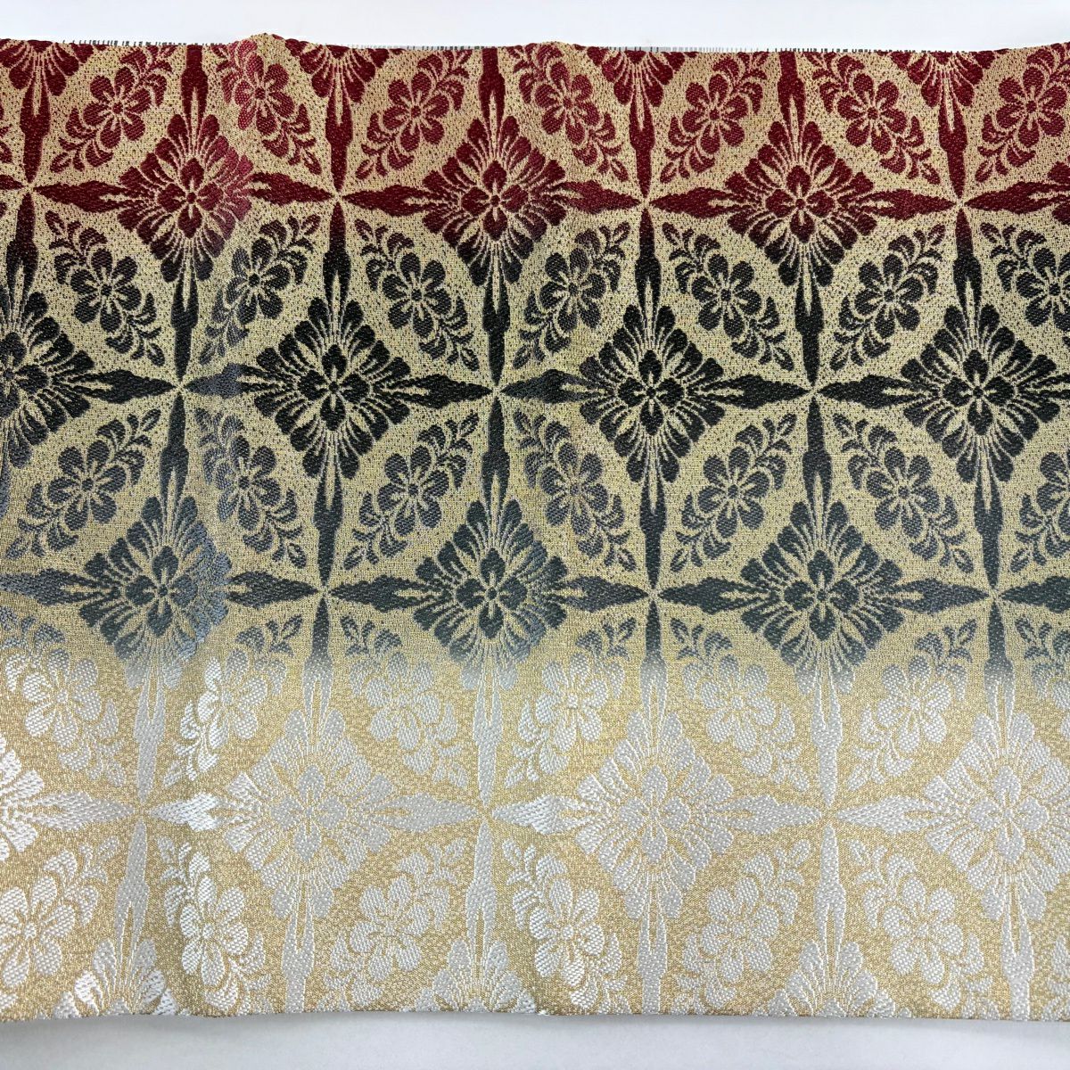 【美品】 袋帶 秀品級 七寶紋 草花紋紋 金絲 黑灰 全通 純蠶絲