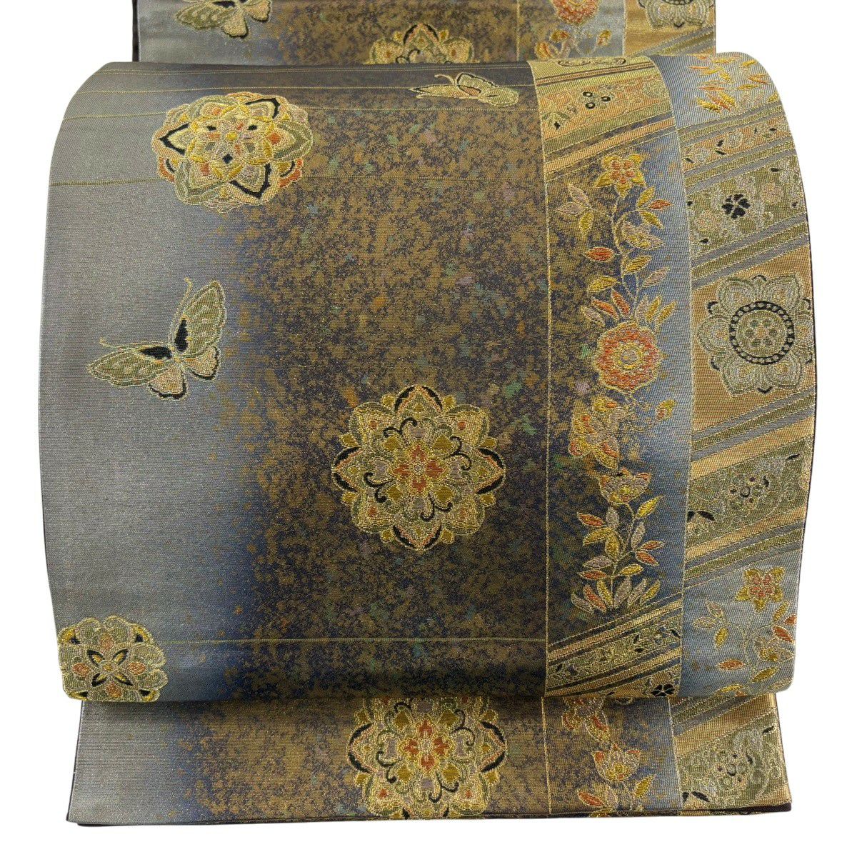 【美品】 袋帶 秀品級 華紋 花蝶 金絲 金金箔 灰 深藍 六通 純蠶絲