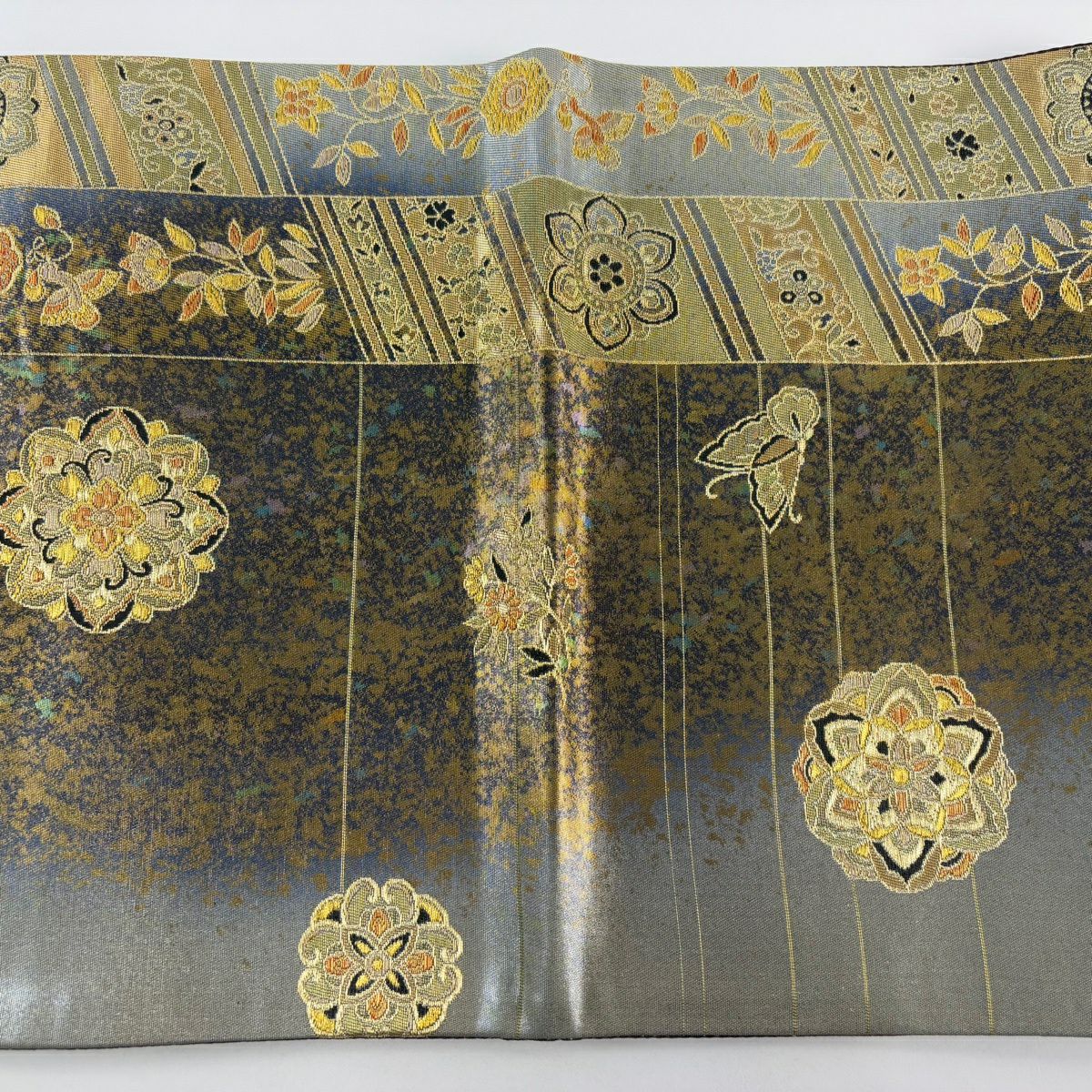 【美品】 袋帶 秀品級 華紋 花蝶 金絲 金金箔 灰 深藍 六通 純蠶絲