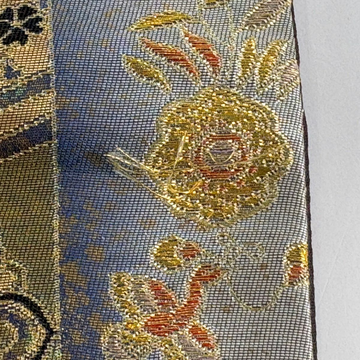 【美品】 袋帶 秀品級 華紋 花蝶 金絲 金金箔 灰 深藍 六通 純蠶絲