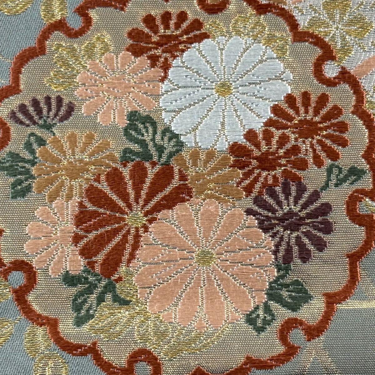 袋帶 秀品級 雪輪 草花紋刺繡 金金箔 灰綠 六通 純蠶絲