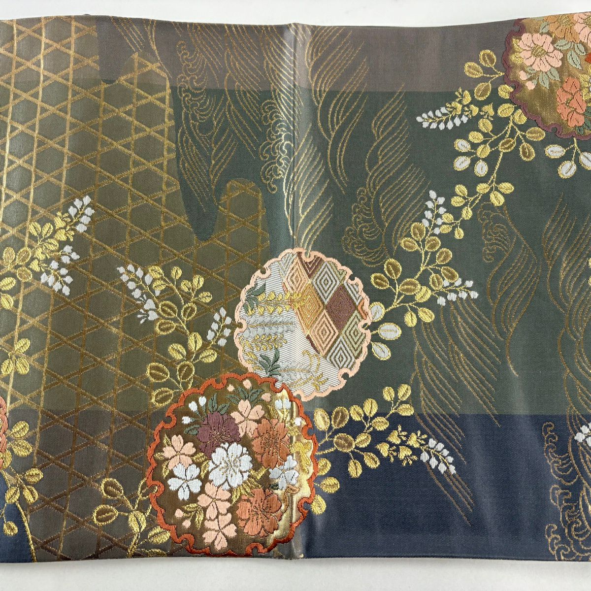 袋帶 秀品級 雪輪 草花紋刺繡 金金箔 灰綠 六通 純蠶絲