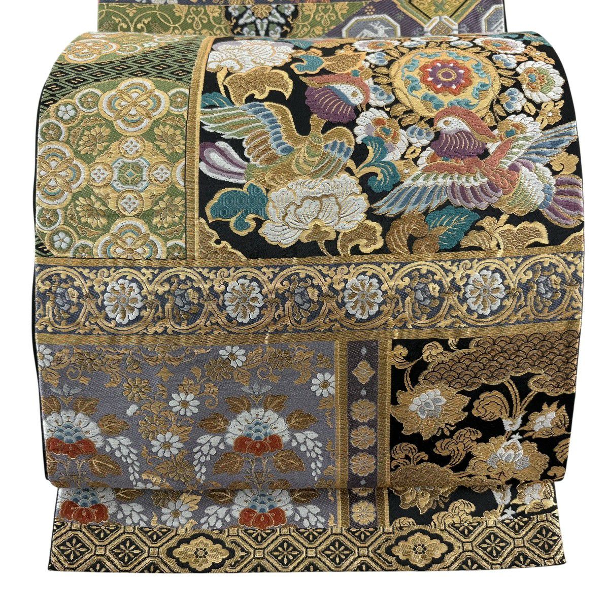 【美品】 袋帶 秀品級 華紋 花鳥 刺繡 金絲 黑 六通 純蠶絲