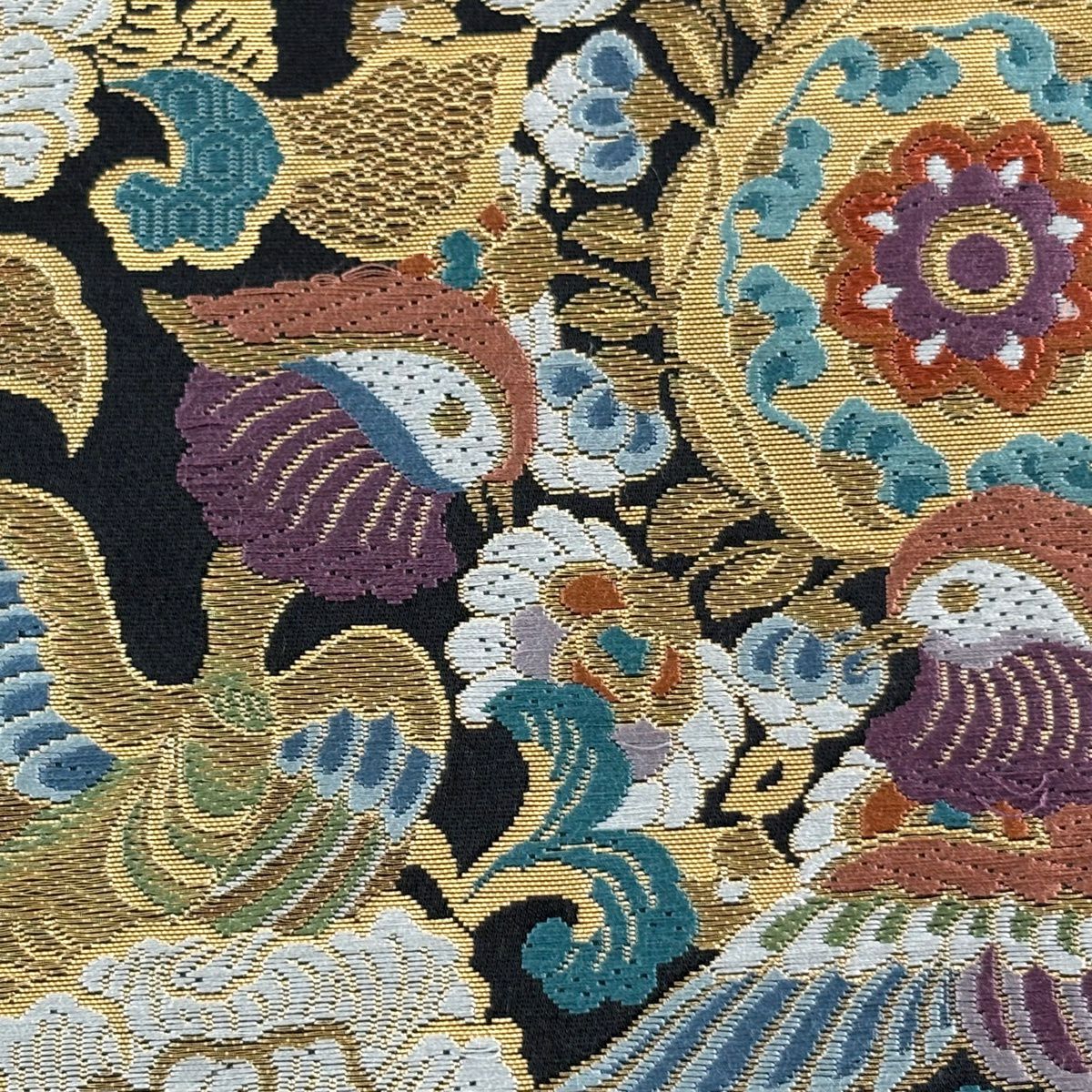 【美品】 袋帶 秀品級 華紋 花鳥 刺繡 金絲 黑 六通 純蠶絲