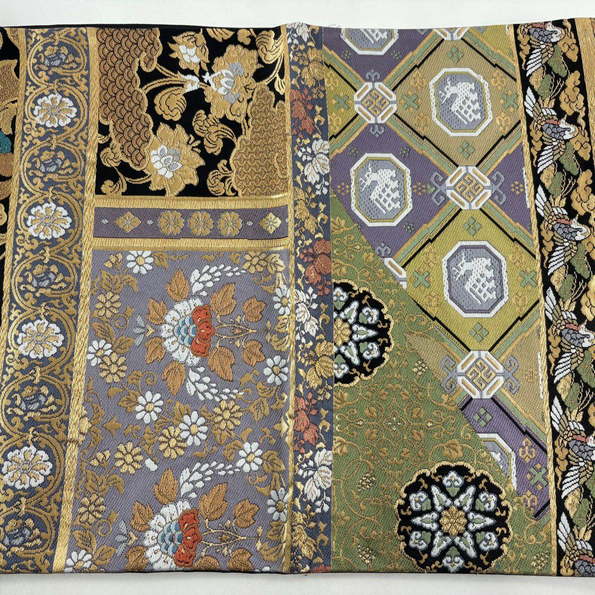 【美品】 袋帶 秀品級 華紋 花鳥 刺繡 金絲 黑 六通 純蠶絲