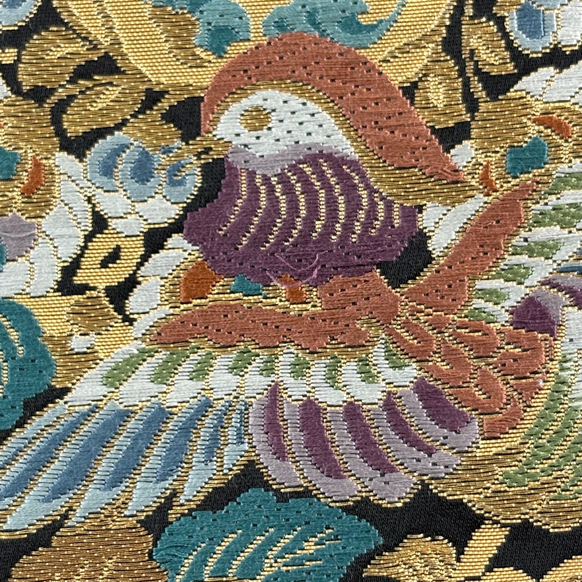 【美品】 袋帶 秀品級 華紋 花鳥 刺繡 金絲 黑 六通 純蠶絲