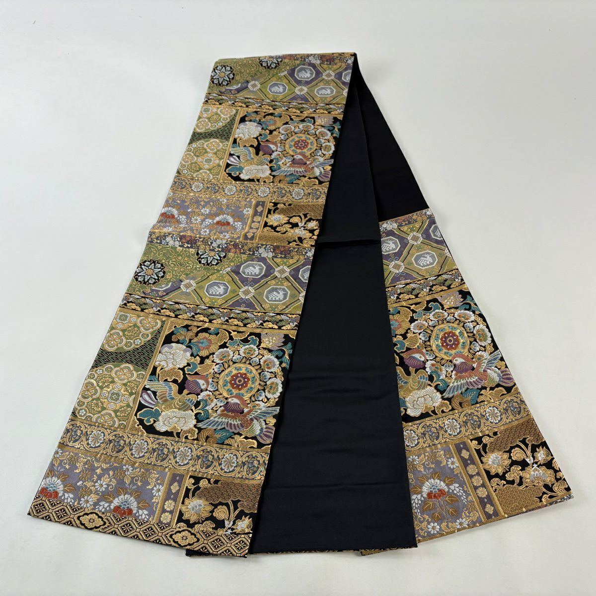 【美品】 袋帶 秀品級 華紋 花鳥 刺繡 金絲 黑 六通 純蠶絲