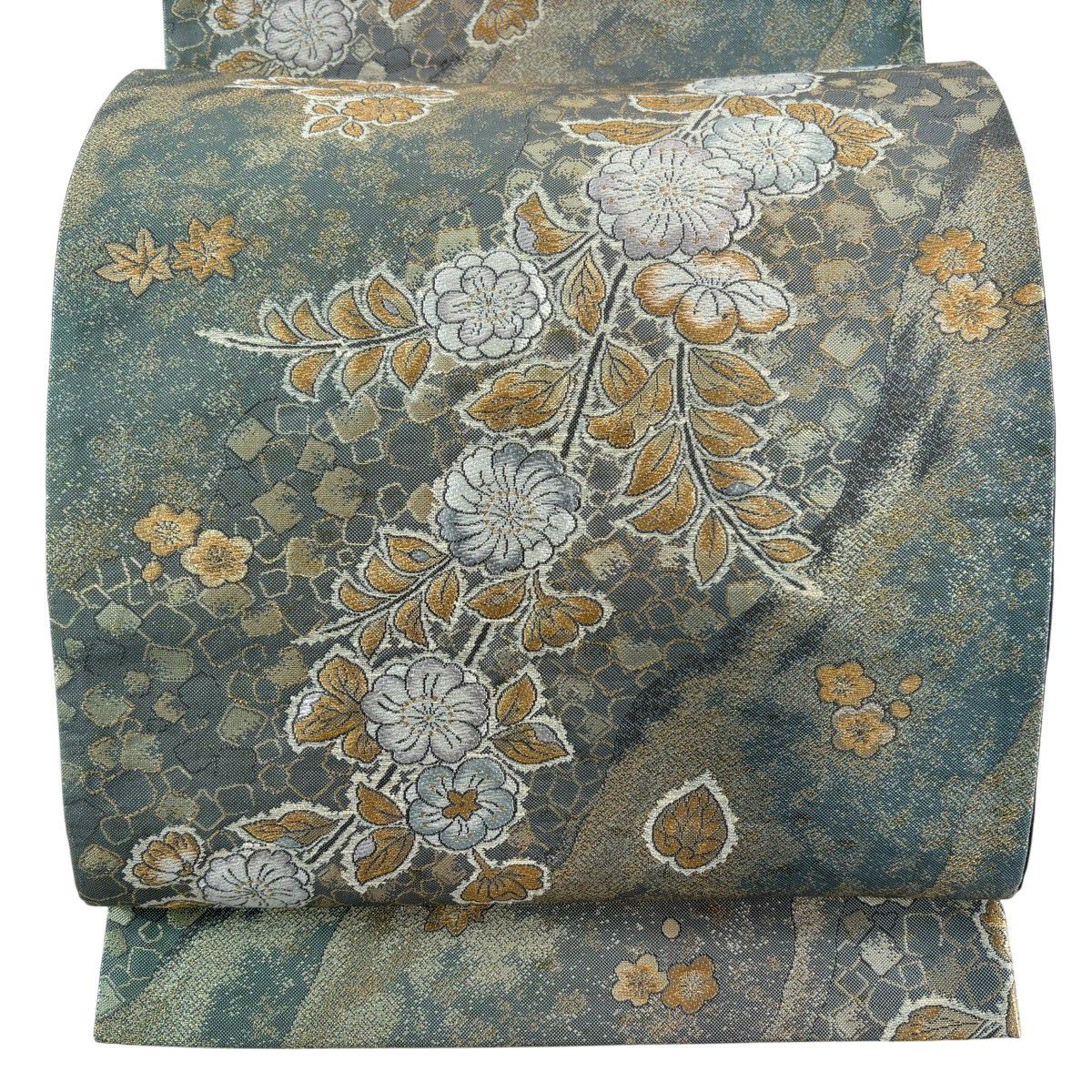 【美品】 袋帶 秀品級 草花紋紋 金金箔散佈 刺繡 金金箔 灰綠 六通 純蠶絲
