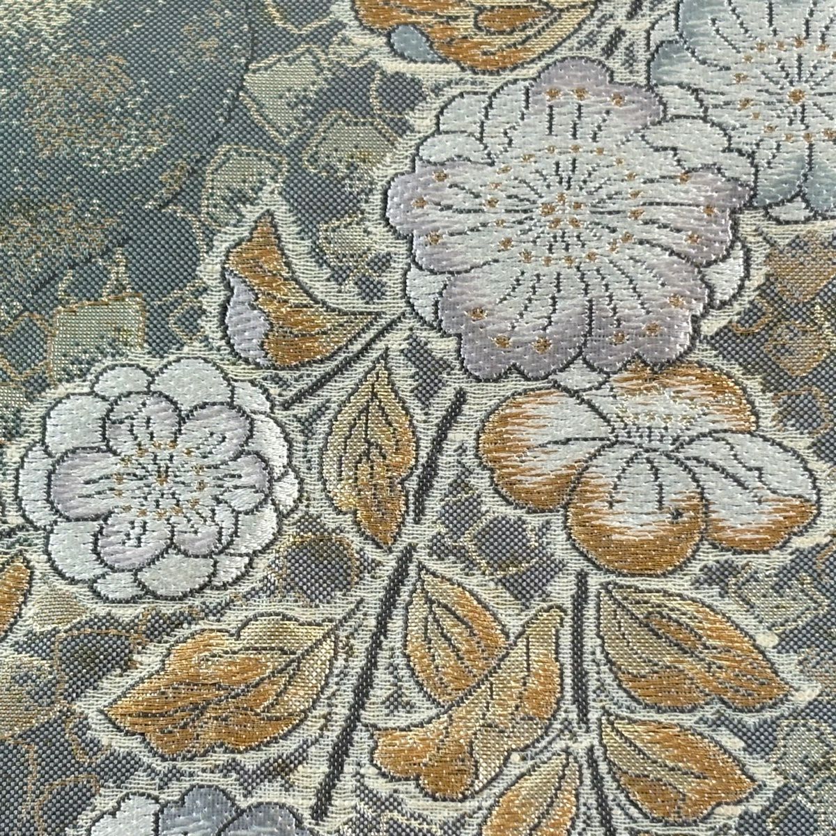 【美品】 袋帶 秀品級 草花紋紋 金金箔散佈 刺繡 金金箔 灰綠 六通 純蠶絲
