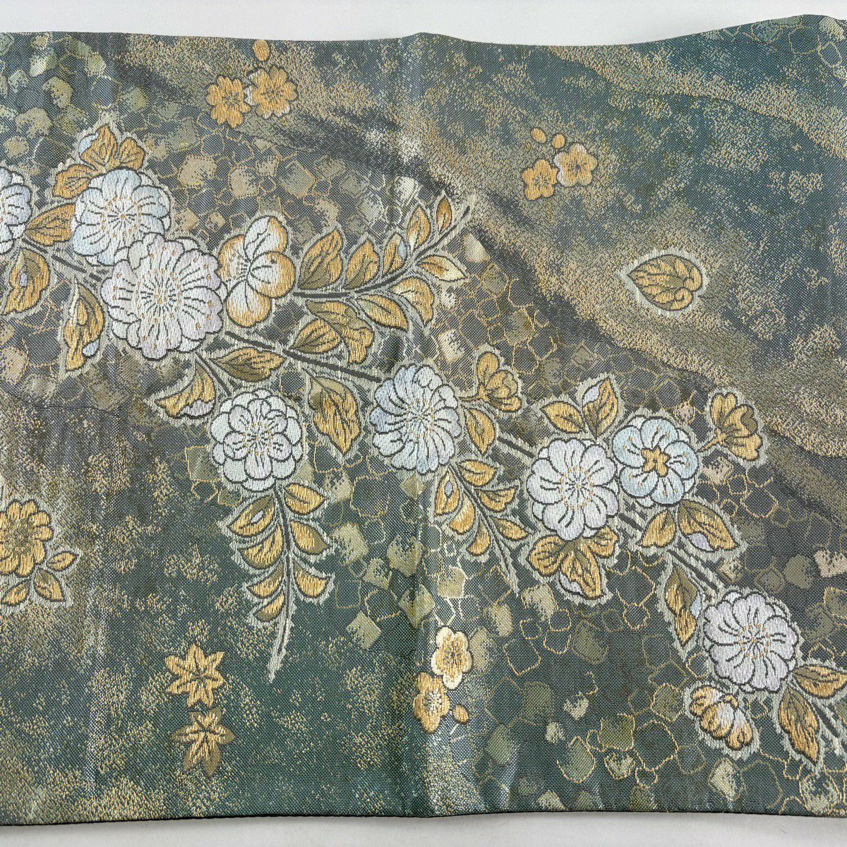 【美品】 袋帶 秀品級 草花紋紋 金金箔散佈 刺繡 金金箔 灰綠 六通 純蠶絲