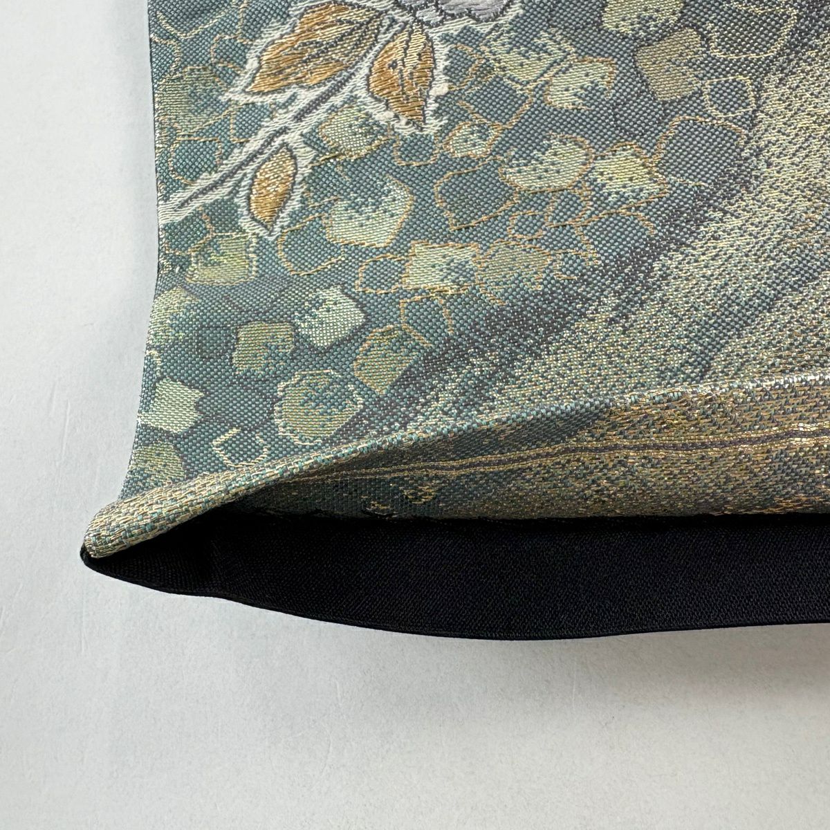 【美品】 袋帶 秀品級 草花紋紋 金金箔散佈 刺繡 金金箔 灰綠 六通 純蠶絲