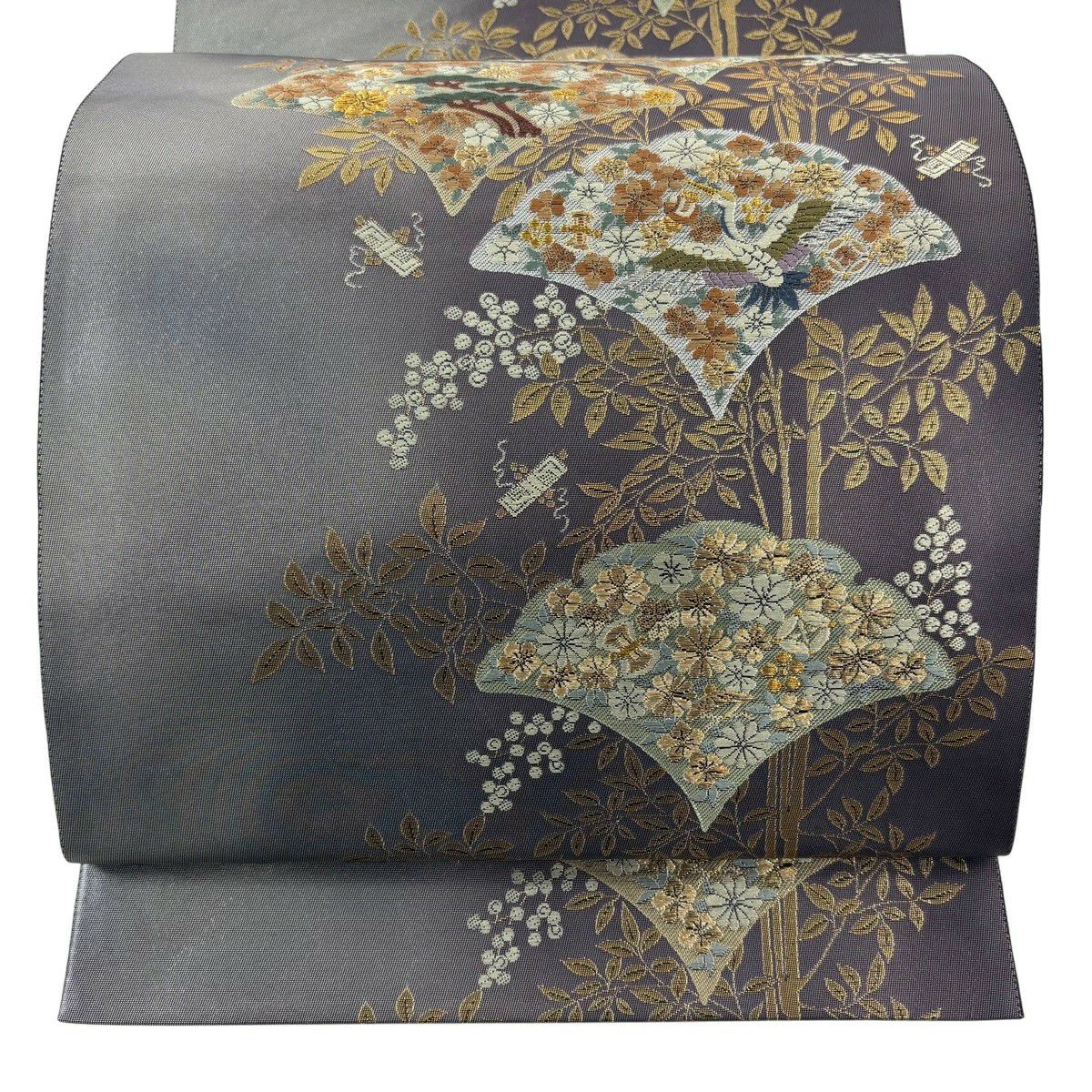 【美品】 袋帶 秀品級 花鳥 松樹 金銀彩 刺繡 紫 六通 純蠶絲