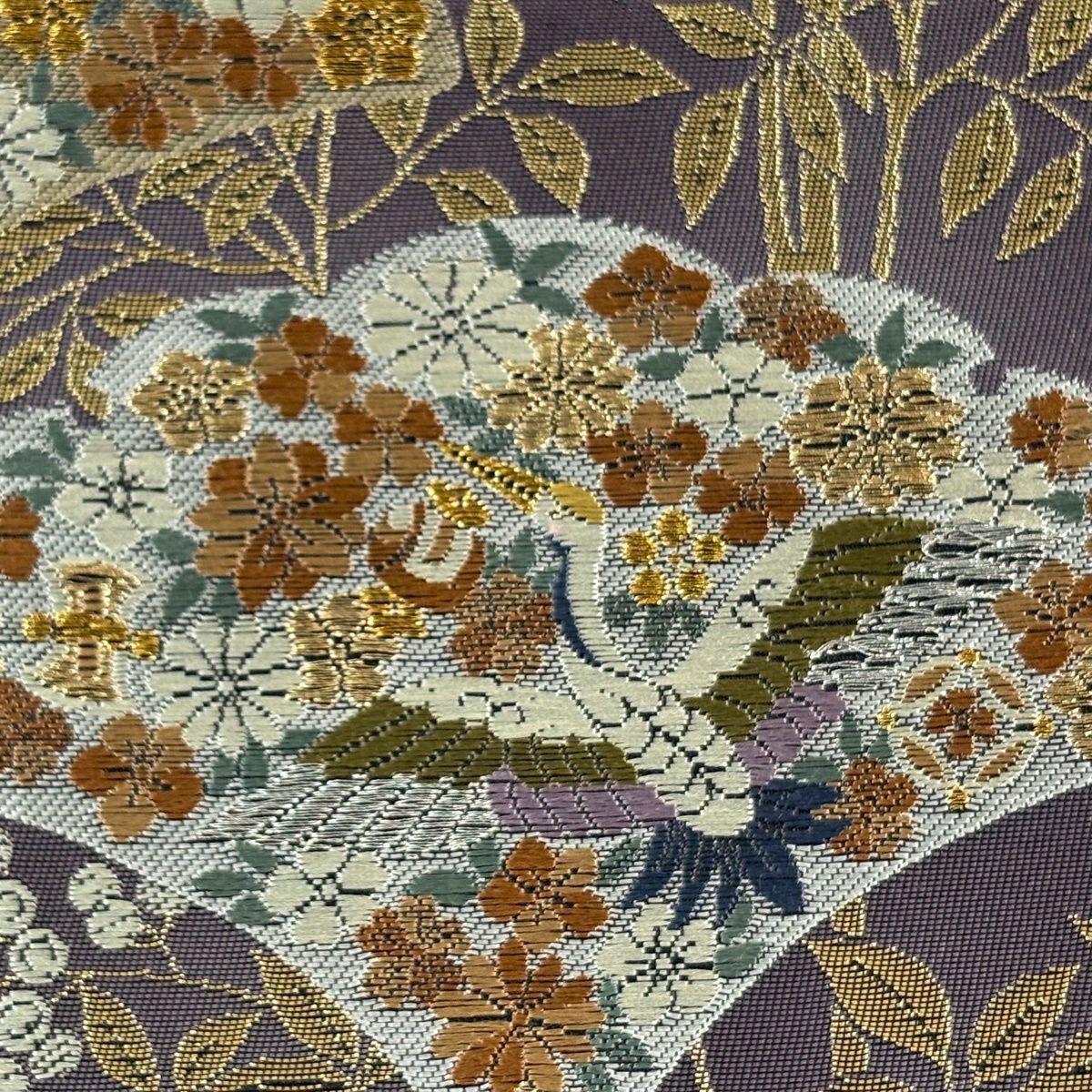 【美品】 袋帶 秀品級 花鳥 松樹 金銀彩 刺繡 紫 六通 純蠶絲