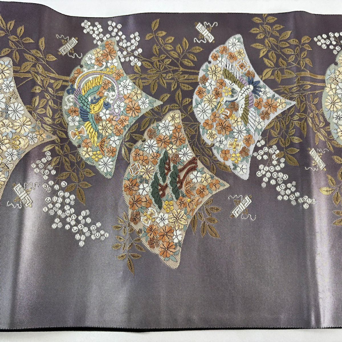 【美品】 袋帶 秀品級 花鳥 松樹 金銀彩 刺繡 紫 六通 純蠶絲