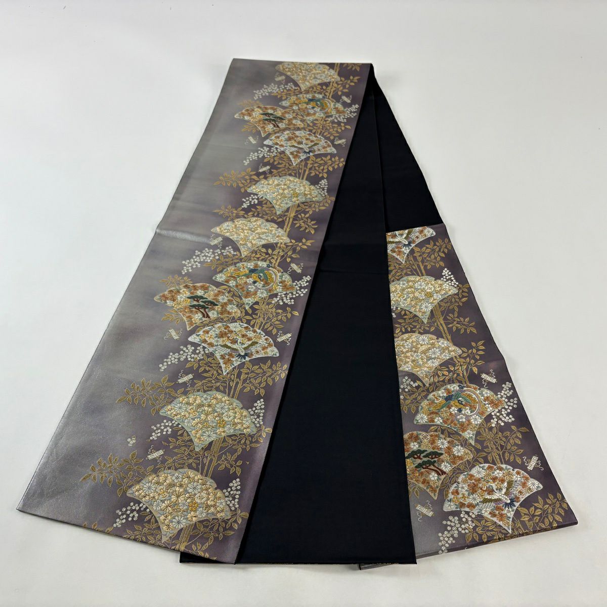 【美品】 袋帶 秀品級 花鳥 松樹 金銀彩 刺繡 紫 六通 純蠶絲