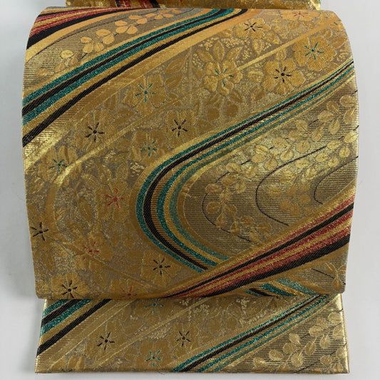 袋帶 秀品級 振袖禮服禮服用 草花紋紋 流水 金金箔 金絲 金色 六通 純蠶絲