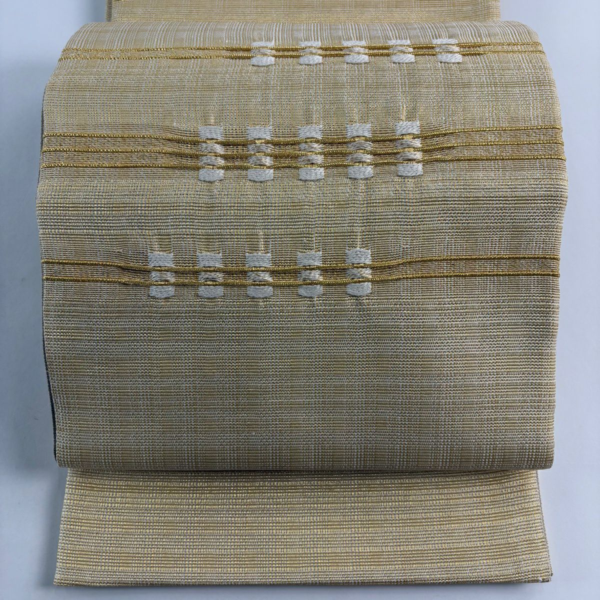 【美品】 袋帶 秀品級 條紋 幾何學 金絲 米色 大鼓圖案 純蠶絲