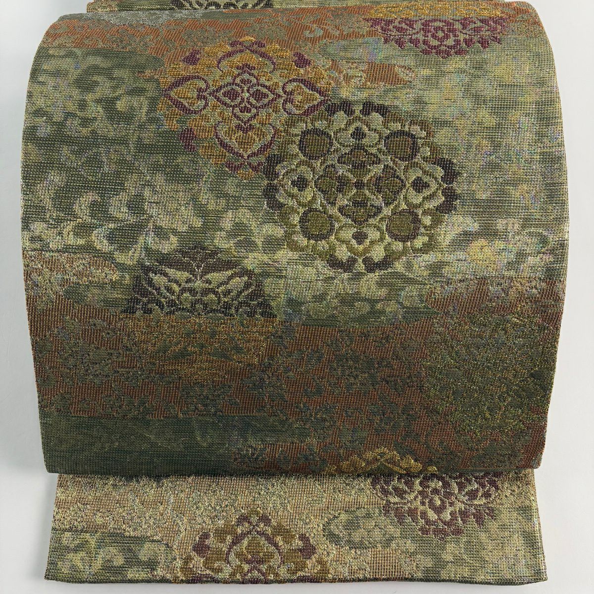 【美品】 袋帶 秀品級 華紋 霞 金金箔 金線 茶綠 六通 純蠶絲